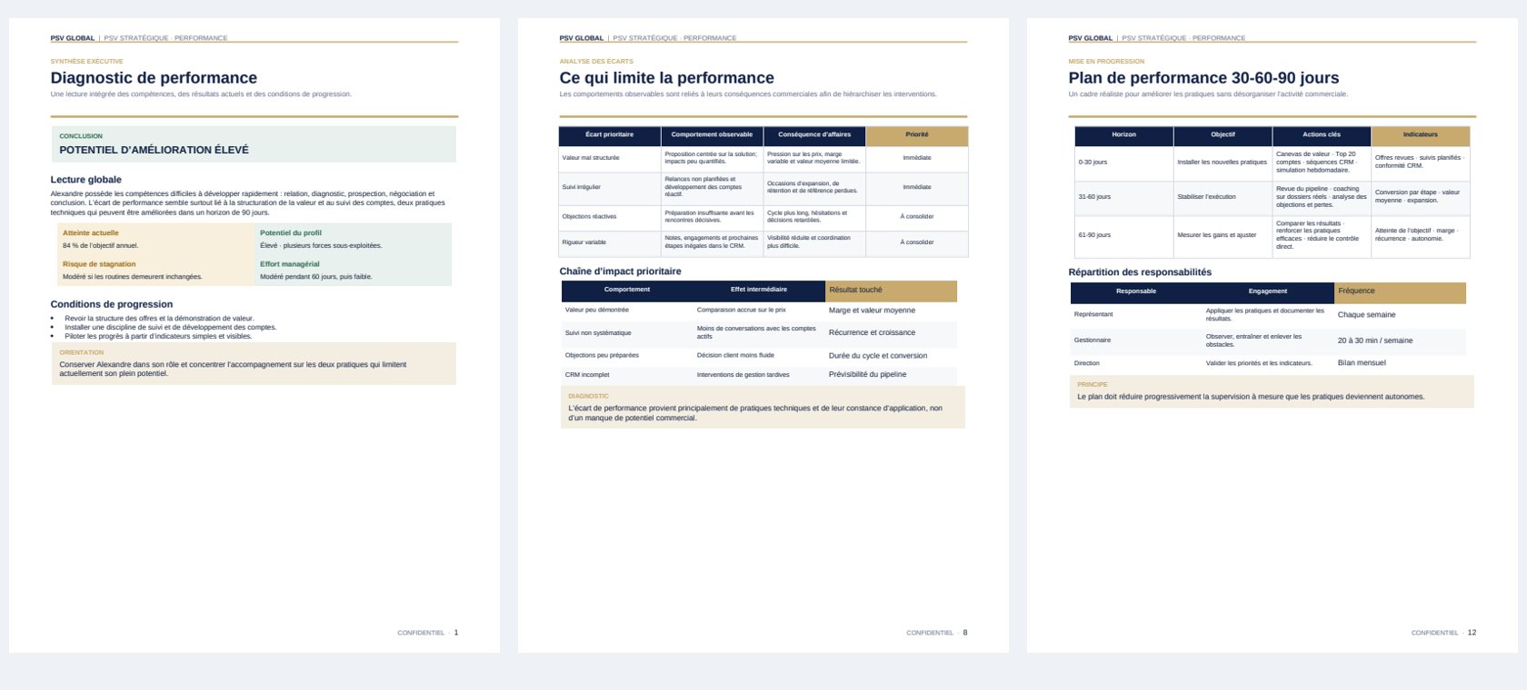Aperçu de trois pages du rapport Stratégique Performance